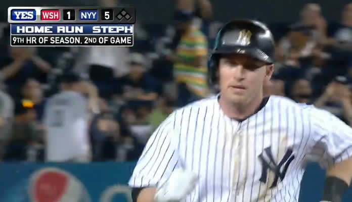Stephen Drew hammers a solo shot to the second deck in right for his second home run of the game to pad the Yankees' lead on June 9, 2015 at Yankee Stadium