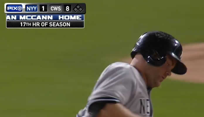 Brian McCann launches a towering solo homer off Zach Putnam in the 9th to give the Yankees their first run since the 3rd inning on August 1, 2015 in Chicago