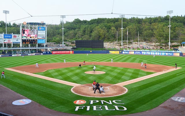 A photo of PNC Field from behind home plate, the home of the New York Yankees Triple-A affiliate the Scranton/Wilkes-Barre RailRiders.