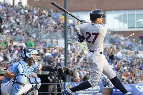 giancarlo stanton game-used jersey used in this photo of stanton crushing a HR for RailRiders against Durham Bulls